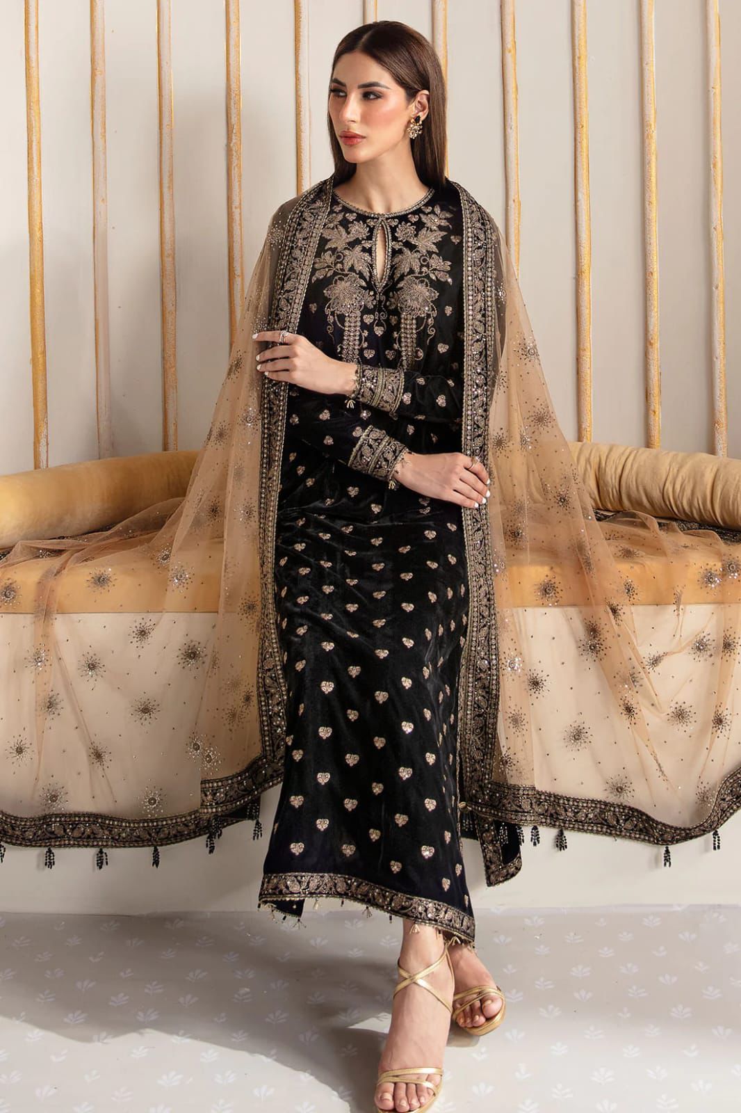 AZMIN Luxury Velvet Master Replica Formal Suit | Heavy Embroidery &amp; Net Cutwork Dupatta