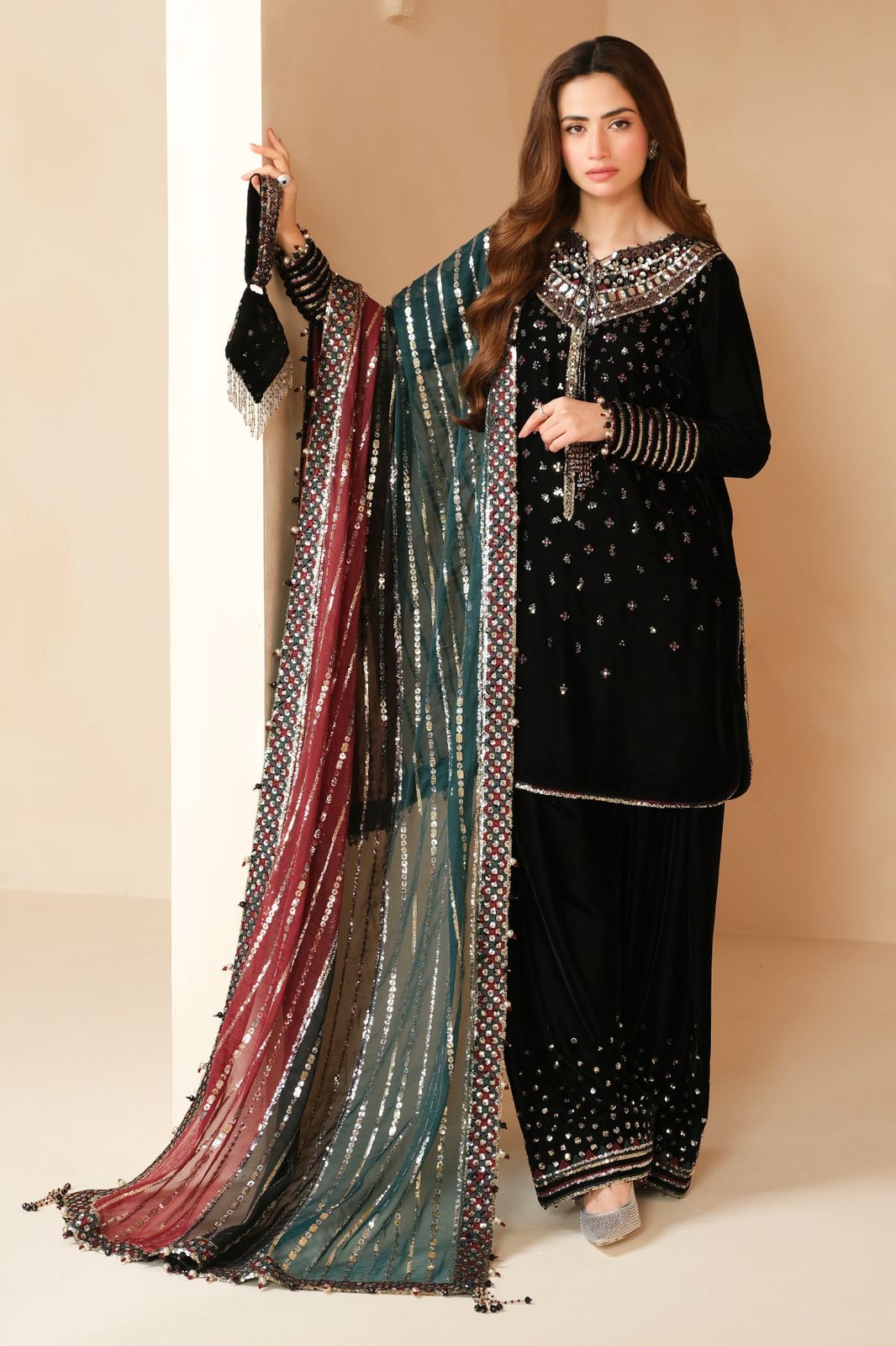 AZMIN Unstitched Replica Velvet Formal Suit with Sequence Work