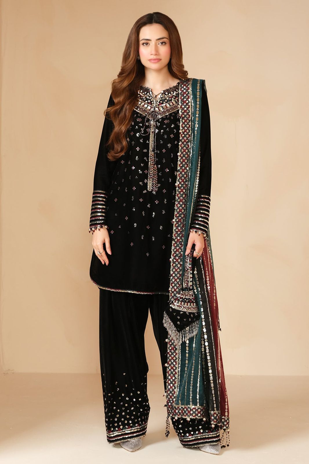 AZMIN Unstitched Replica Velvet Formal Suit with Sequence Work
