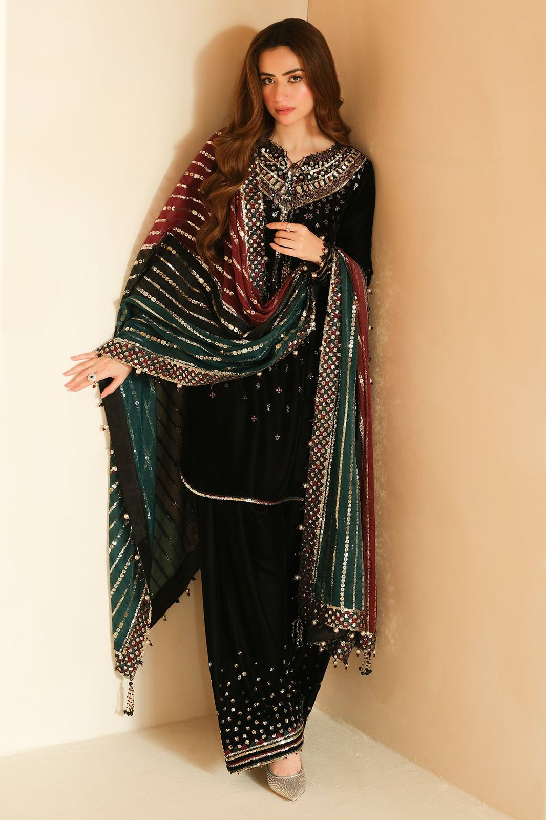 AZMIN Unstitched Replica Velvet Formal Suit with Sequence Work