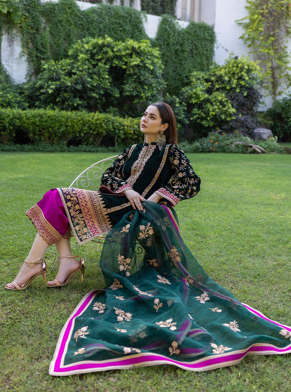 LULUSAR Inspired Unstitched Chiffon Suit with Raw Silk Trouser &amp; Inner (55" Length