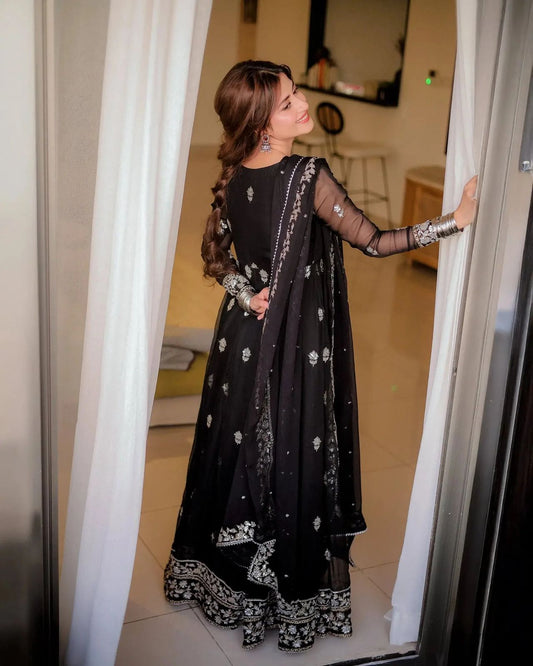 Elegant Zari &amp; Sequence Embroidered Chiffon Frock