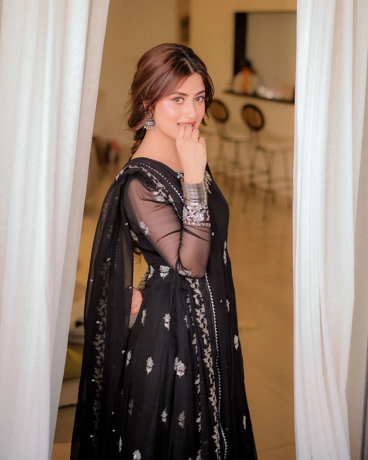 Elegant Zari &amp; Sequence Embroidered Chiffon Frock (Unstitched Replica)