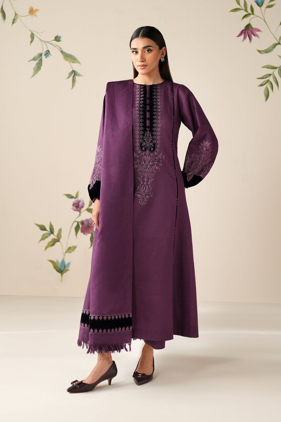 aroque MOST DEMANDING EDITION | 3PC Unstitched Dhank Suit | Heavy Embroidered Patches &amp; Digital Printed Shawl