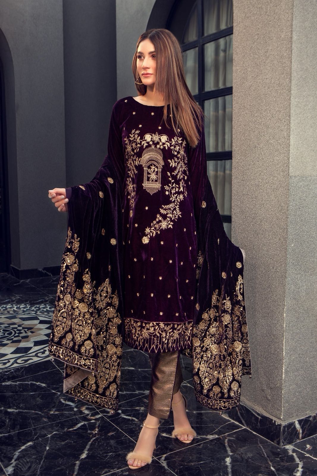 Azure Velvet Luxury Collection Replica | Heavy Embroidered Velvet Suit with Viscose Silk Trouser (3PC)
