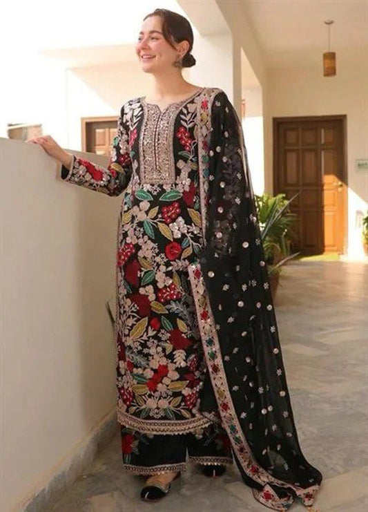 3PC Embroidered Chiffon Suit with Embroidered Back